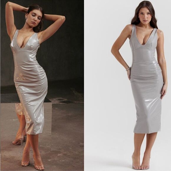 HOUSE OF CB 'Madeleine' Violet Ice Vinyl Midi Dress Medium NWT $269 - Picture 1 of 8